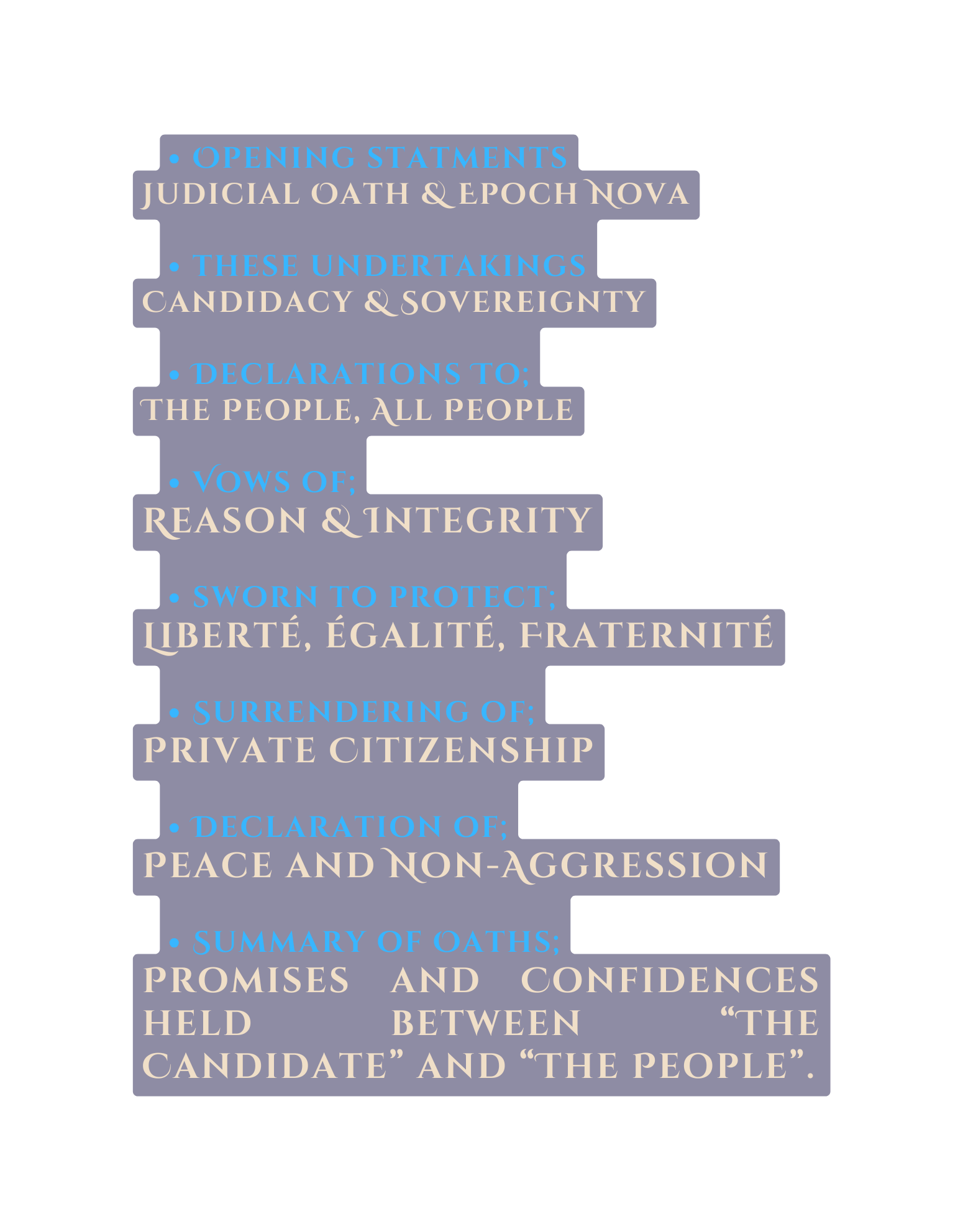 Opening statments Judicial Oath Epoch Nova these undertakings Candidacy Sovereignty Declarations To The People All People Vows of Reason Integrity sworn to protect Liberté égalité Fraternité Surrendering of Private Citizenship Declaration of Peace and Non Aggression Summary of Oaths Promises and Confidences held between The Candidate and The People