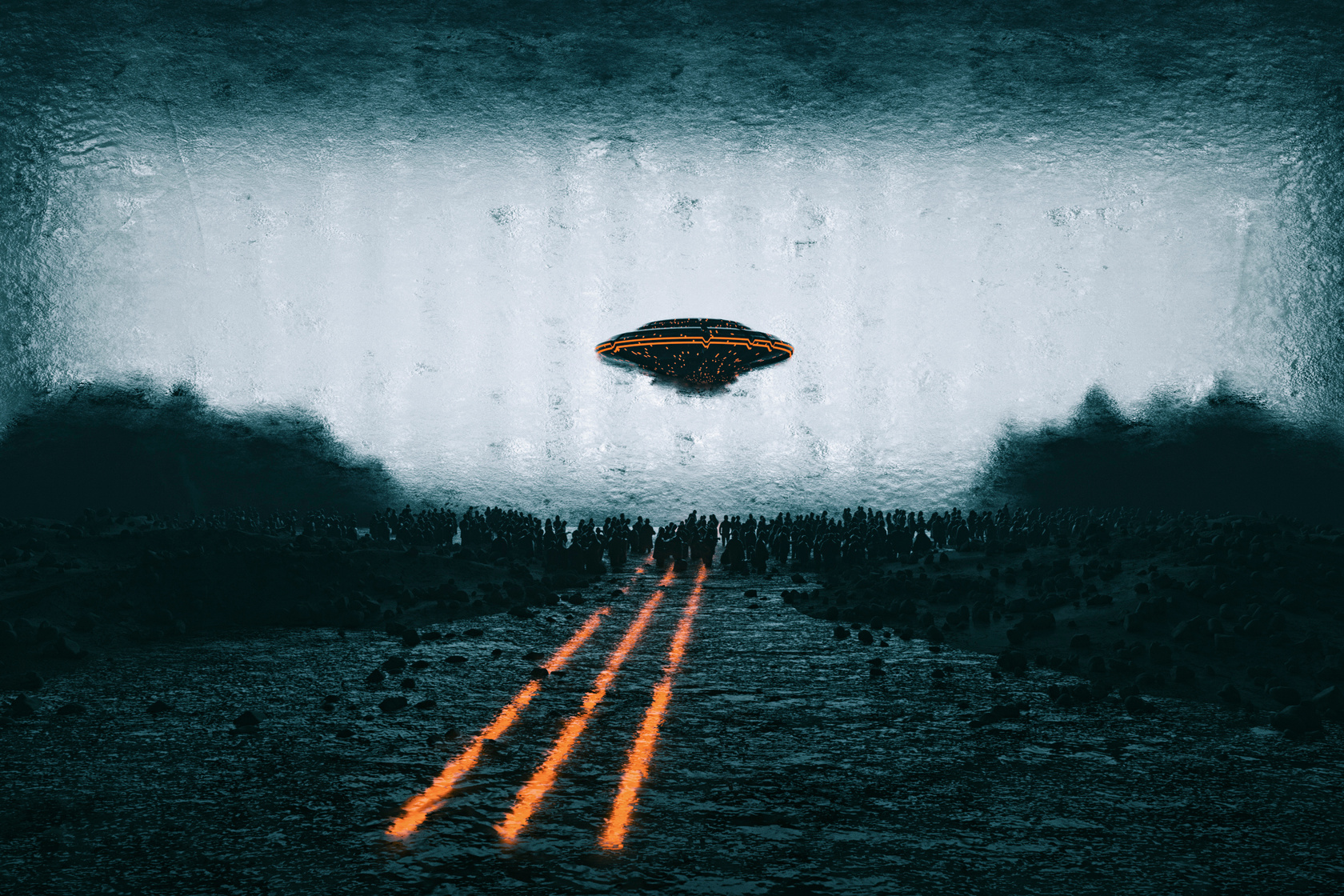 Surreal UFO flying over crowds of people