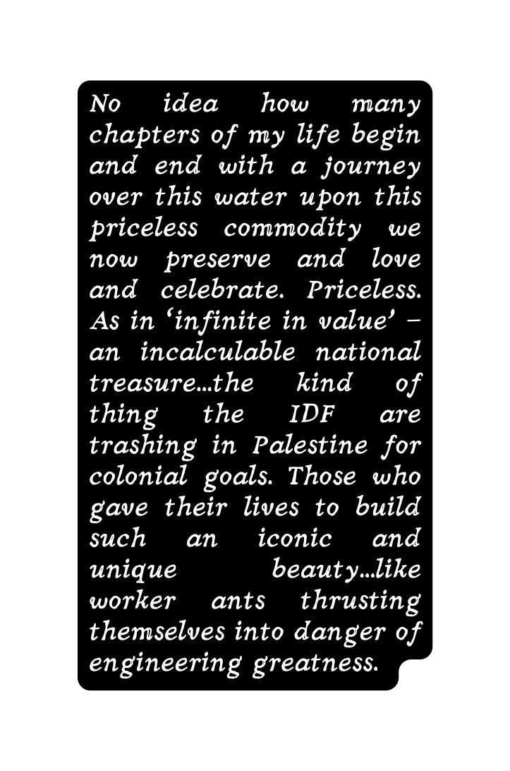 No idea how many chapters of my life begin and end with a journey over this water upon this priceless commodity we now preserve and love and celebrate Priceless As in infinite in value an incalculable national treasure the kind of thing the IDF are trashing in Palestine for colonial goals Those who gave their lives to build such an iconic and unique beauty like worker ants thrusting themselves into danger of engineering greatness