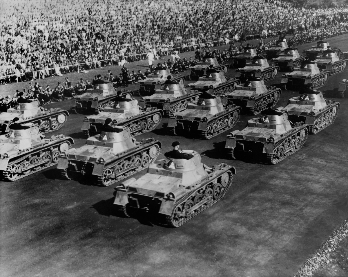 Tanks on parade during 1935 Erntedankfest, the traditional German thanksgiving. Nazi Germany rearmed in the 1930s, exceeding limitations placed by the Treaty of Versailles. (BSLOC_2013_9_183)