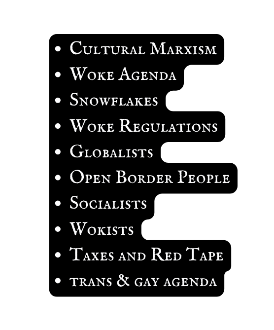 Cultural Marxism Woke Agenda Snowflakes Woke Regulations Globalists Open Border People Socialists Wokists Taxes and Red Tape trans gay agenda