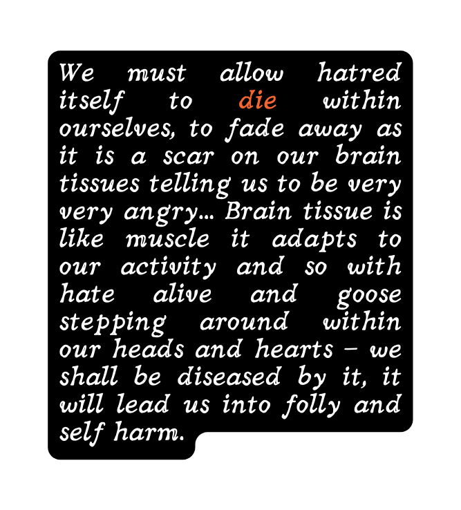 We must allow hatred itself to die within ourselves to fade away as it is a scar on our brain tissues telling us to be very very angry Brain tissue is like muscle it adapts to our activity and so with hate alive and goose stepping around within our heads and hearts we shall be diseased by it it will lead us into folly and self harm