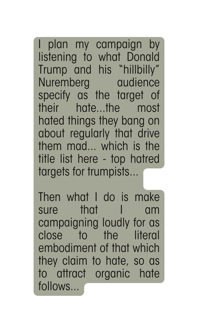 I plan my campaign by listening to what Donald Trump and his hillbilly Nuremberg audience specify as the target of their hate the most hated things they bang on about regularly that drive them mad which is the title list here top hatred targets for trumpists Then what I do is make sure that I am campaigning loudly for as close to the literal embodiment of that which they claim to hate so as to attract organic hate follows