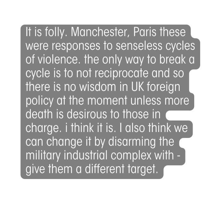 It is folly Manchester Paris these were responses to senseless cycles of violence the only way to break a cycle is to not reciprocate and so there is no wisdom in UK foreign policy at the moment unless more death is desirous to those in charge i think it is I also think we can change it by disarming the military industrial complex with give them a different target