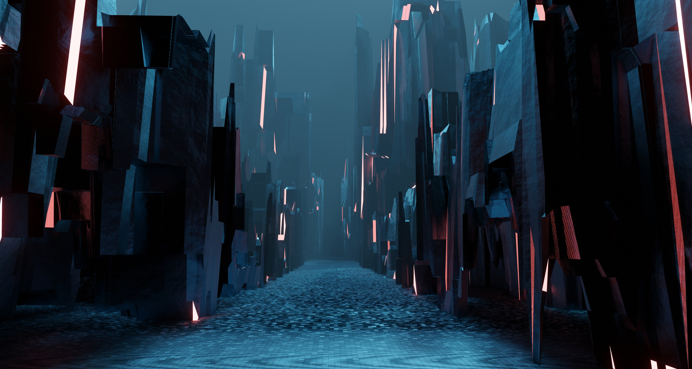 Sci fi landscape night city glows with neon light tall cubes