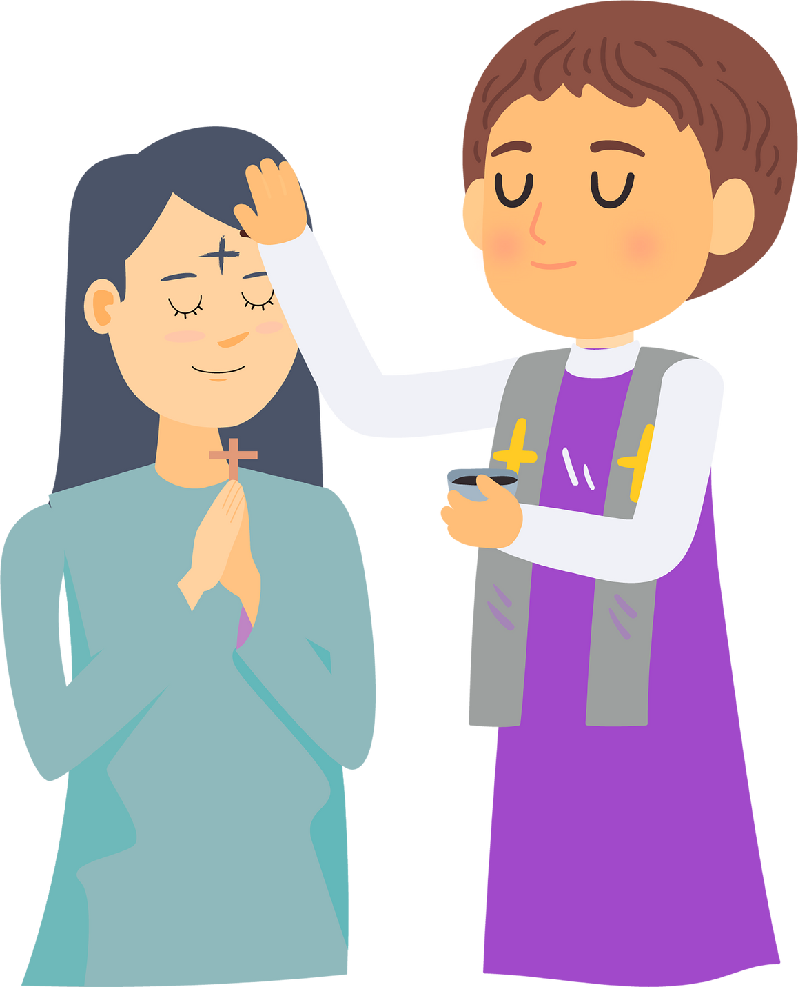 A priest marks a cross of ashes on girl forehead