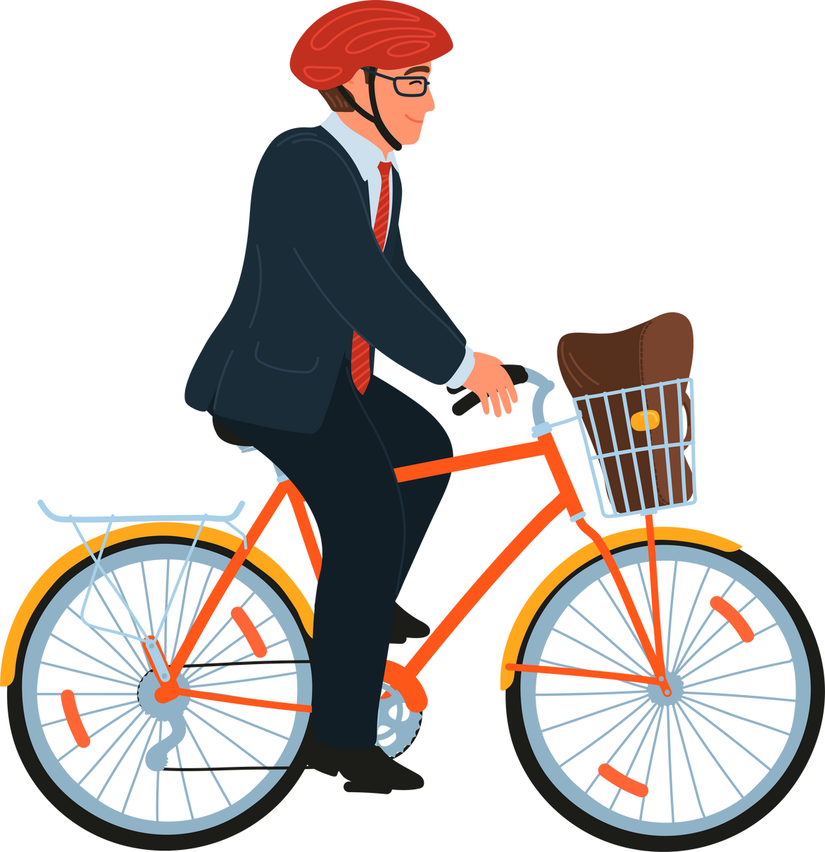 Businessman in helmet rides on bike to work. Office worker on bicycle with bag in basket.