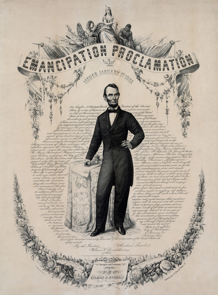 Commemorative print of Abraham Lincoln with the text of the Emancipation Proclamation of January 1, 1863. Print published in 1865.